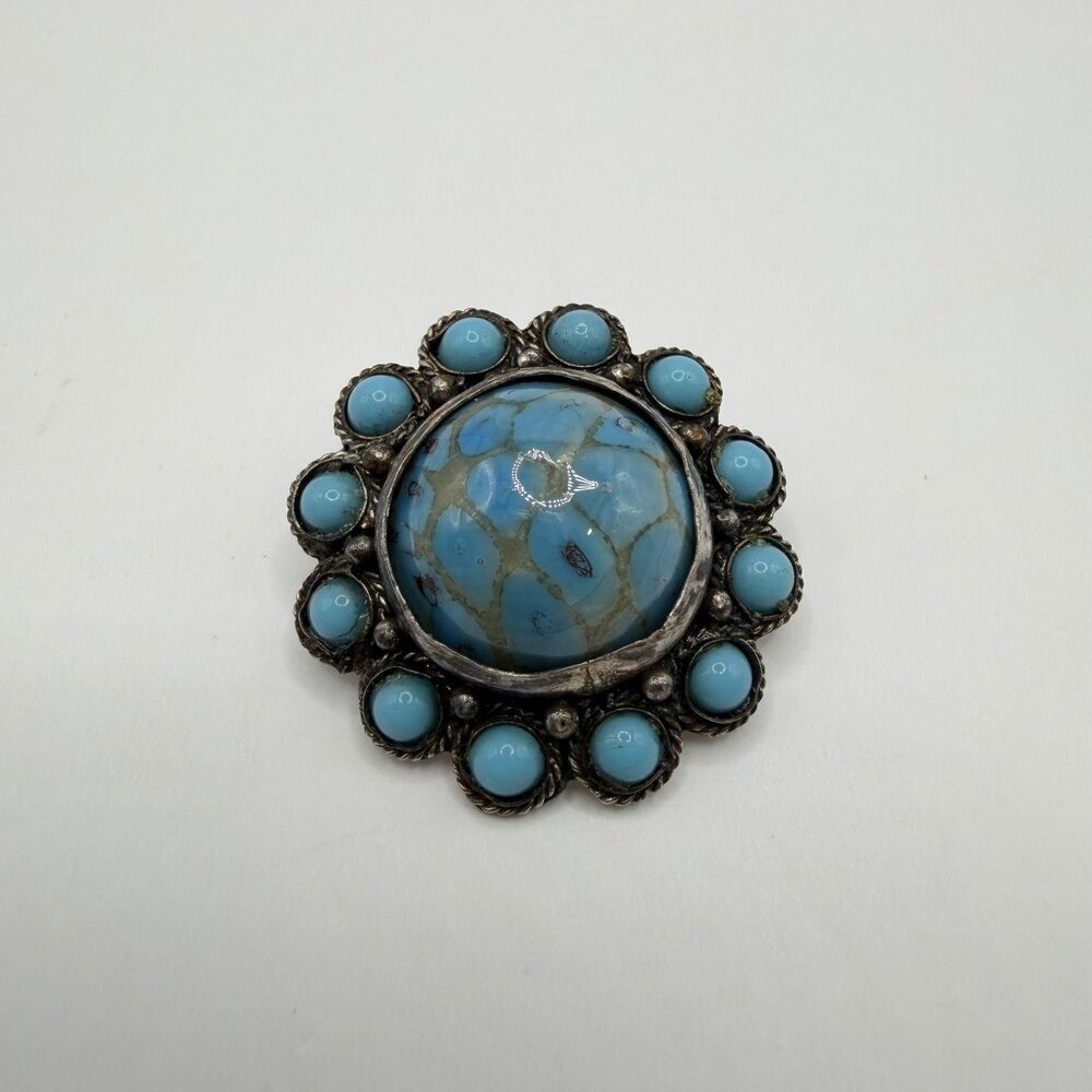 Vintage 900 Silver Turquoise Cluster Brooch Pin Southwestern Style 4g